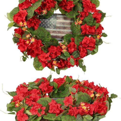 Patriotic Wreath for Front Door, 20-Inch 4th of July Wreath with Red Geraniums & American Flag, Memorial Day Independence Day USA Door Decoration, Outdoor Farmhouse Rustic Home Décor