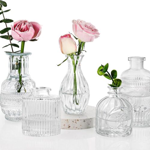 Set of 5 Bud Vases, Small Vase for Flowers, Glass Vase for Home Decor, Wedding Decorations, Clear Flower Vases for Centerpieces, Vintage Vase for Home Decor