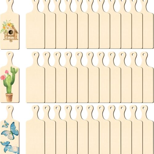 36 Pcs Wooden Mini Cutting Board with Handle Unfinished Wood Craft Mini Charcuterie Boards Paddle Blank Small Chopping Plank for DIY Kitchen Cooking Vegetables Decor(9.4 x 3.5 Inch)