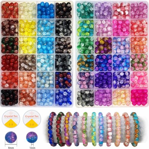 1200PCS 8mm Glass Beads Bracelet Making Kit, 48 Colors Crystal Beads for Jewelry Making, 2 Box Cataclastic Lineation Beads Suitable for Beginners