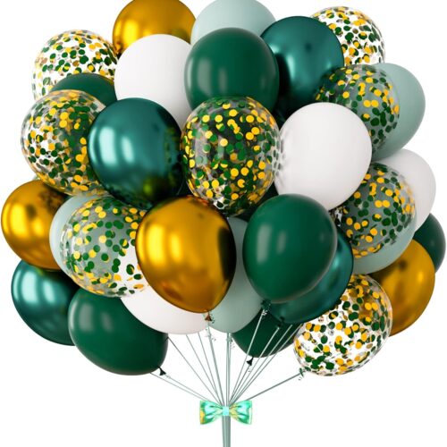 Green and Gold Balloons 83Pcs 12in Dark Green Gold White Confetti Balloons for Graduation Safari Jungle Birthday Emerald Green and Gold Party Decorations