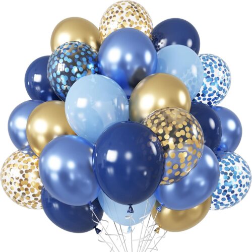 Blue and Gold Balloons, 60Pcs 12Inch Navy Pearl Blue Party Balloons with Metallic Gold Blue Helium Balloon Blue Gold Confetti Latex Balloons Set for Boys Birthday Baby Shower (BS-001)
