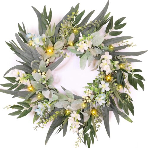 24 Inch Lambs Ear Spring Wreaths for Front Door Year Round Outside, Artificial Spring Summer Easter Floral Wreath with Timer Lights, Eucalyptus Berries & Orchids, Green Handmade Farmhouse Home Decor