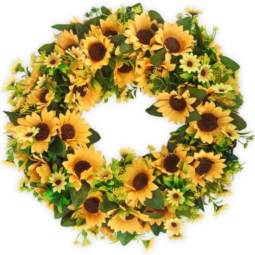 Artificial Sunflower Wreath 20 Inch Summer Fall Large Wreaths Springtime All Year Around Flower Green Leaves for Outdoor Front Door Indoor Wall Or Window Décor