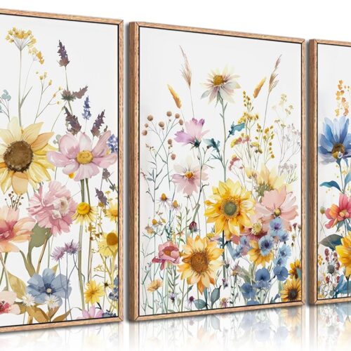 3pcs Colorfully Sunflowers Canvas Wall Art Watercolor Wildflowers Poster Prints Botanical Flowers Wall Decor Pictures for Living Room Bedroom Girl Room Paintings Artwork Decoration Unframed
