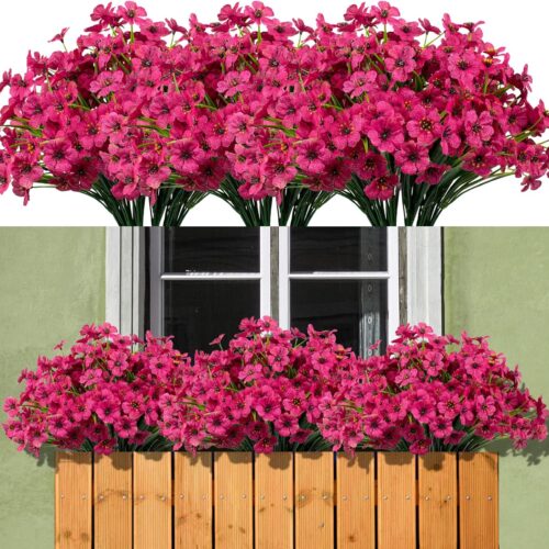 15 Bundles Artificial Flowers Outdoor UV Resistant Fake Silk Plants Plastic Faux Shrubs Outside Front Porch Window Box Garden Home Hanging Planter Decoration (Fuchsia)
