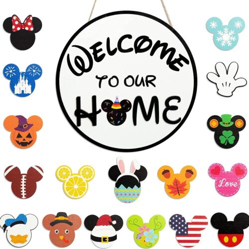 19Pcs Cute Mouse Interchangeable Seasonal Welcome Door Sign for Front Door Decor, Welcome to Our Home Sign with Interchangeable Holiday Pieces for Farmhouse/Wall/Porch Decor and Housewarming