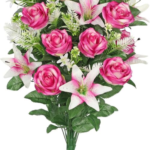 Memorial Day Flowers for Cemetery, 36 Stems Realistic Mixed Rose Lilies Artificial Flowers Bouquet Bush,Cemetery Flowers for Grave, 25.9 in. Sympathy Silk Cemetery