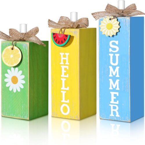 3 Pcs Hello Summer Wood Table Blocks Sign Oversized Tiered Trays Decor Rustic Farmhouse Decor with Distressed Finish Lemon Watermelon Daisy Designs for Kitchen Shelves Party Tabletop Centerpieces