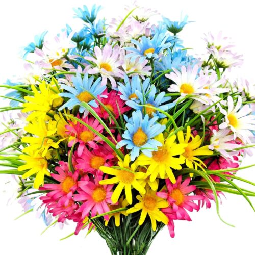 4 Bundles Artificial Large Daisy Fake Plants Flowers Faux Silk Wildflowers Bouquet Outdoor UV Resistant for Home Decor Indoor Outside Garden Front Porch Planters Decoration (Multi Color)