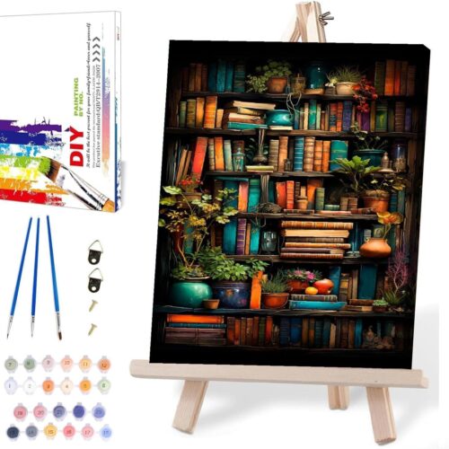 Bookshelf Paint by Numbers for Adults with Framed Canvas-with Wooden Easel,Paint by Numbers Kits Framed Canvas,DIY Acrylic Oil Painting Kits with Brushes Nice Gift Box for Home Wall Decor(12x16 Inch)