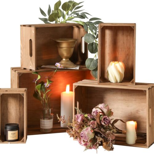 Set of 5 Vintage Rustic Solid Wood Decorative Nesting Wooden Crates Storage with Open Handles - Multipurpose Wood Crafted Boxes/Bathroom Kitchen,Laundry Crates/Fruits & Vegetables Boxes