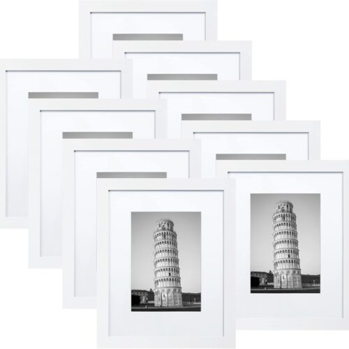8x10 Picture Frame Set of 9, Display Pictures 5x7 with Mat or 8 x 10 Without Mat, Photo Frame for Wall Mounting or Tabletop Display, White.