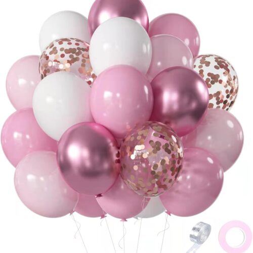 Pink White Rose Party Balloons, 60pcs 12 inch Pink White Rose Gold Confetti Balloons Kit, Pink White Chrome Rose Latex Balloons for Birthday, Wedding, Baby Shower, Graduation Decorations
