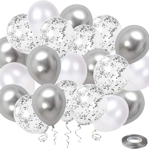 White Silver Confetti Latex Balloons, 50 Pack 12inch Silver Metallic Chrome Party Balloon Set with Silver Ribbon for Wedding Birthday Baby Shower Decorations