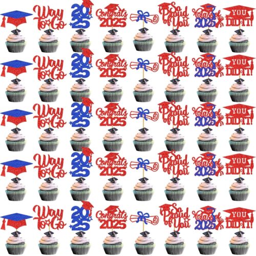40Pcs Graduation Cupcake Toppers 2025 Graduation Decorations Class of 2025 Cupcake Toppers 2025 Congrats Grad Cake pick Grade Party Decorations 2025 (blue)