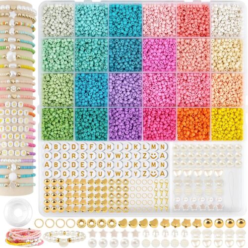3mm Glass Seed Beads for Bracelet Jewelry Making 24 Colors Bracelet Making Kit for Girls Adults DIY Friendship Bracelets Kits with Letter Beads