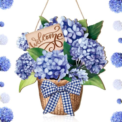 Spring Door Sign Hydrangea Flowers Spring Wreaths Decor Sign Summer Welcome Door Wreath for Front Door Hanging Sign for Home Summer Decor Sign