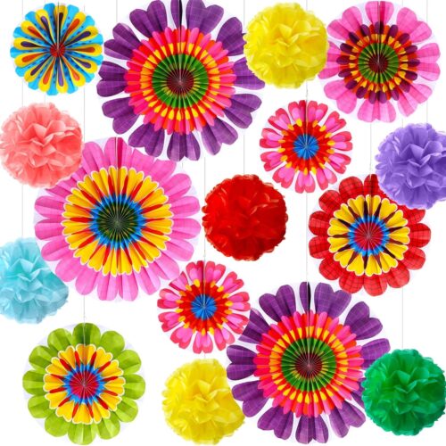 21 Pcs Spring Flower Hanging Paper Fans Flower Paper Fans Classroom Decorations Springtime Summer Tissue Pom Poms for Ceiling Wedding Birthday Party Supply Classroom Decor(Spring Flower)