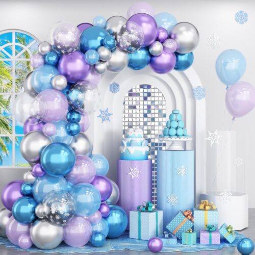 Blue Purple Silver Balloon Arch Kit Frozen Snowflake Balloons Garland with Snowflake Balloon for Princess Girl Winter Frozen Snowflake Wonderland Birthday Baby Shower Party Decorations
