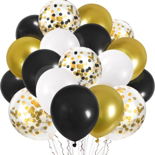 50pcs 12 Inches Black Gold Confetti Balloons Kit, Metallic Gold and Black White Party Balloons with Ribbons for Birthday, Baby Shower, Graduation, New Year Decorations