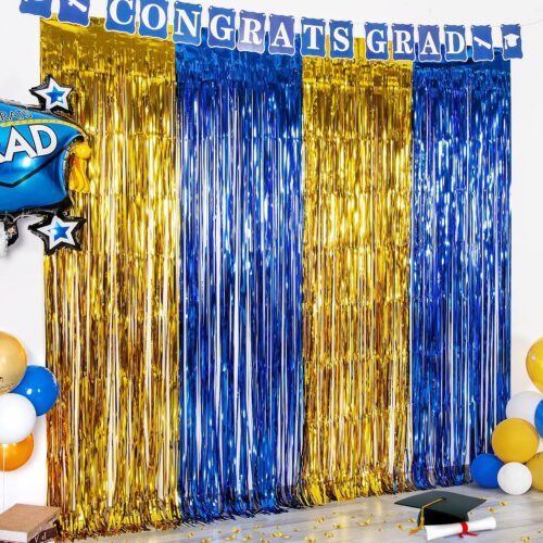 2 Pack Blue and Gold 2025 graduation party decorations, 3.3x6.6 ft Foil Fringe Curtains, Tinsel Backdrop, Graduation Photo Booth Prop Streamer Backdrop for High School College University Party