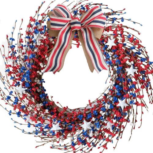 18 Inch Patriotic red White Blue Berries Leaves Wreath for Front Door, Memorial Day Burlap Bow Wreath for Home Decor, Independence Day Forth of July Wreath for Indoor and Outdoor