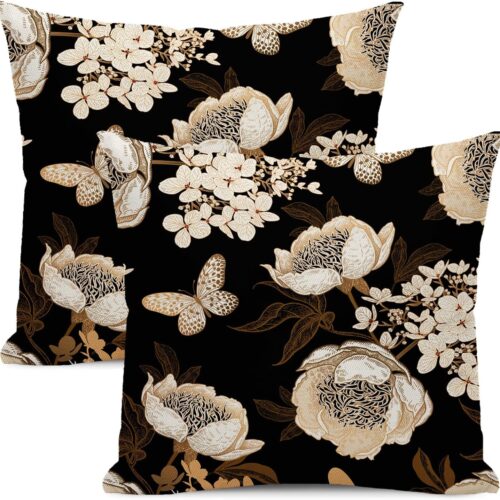 Black and Gold Pillow Covers 18x18 Set of 2 Vintage Gold Floral Throw Pillow Covers Outdoor Decoration Boho Flower Decorative Pillowcase Farmhouse Linen Cushion Case for Sofa Couch
