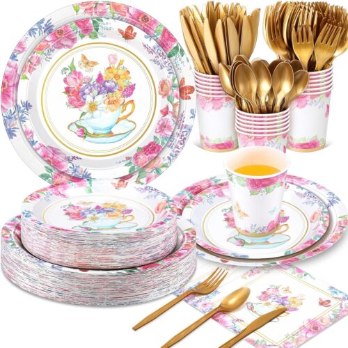 350 Pcs Tea Party Supplies Spring Summer Tea Party Tableware Set Disposable Plates Napkins Paper Cups Plastic Cutlery Set for Birthday Bridal Baby Shower Serves 50