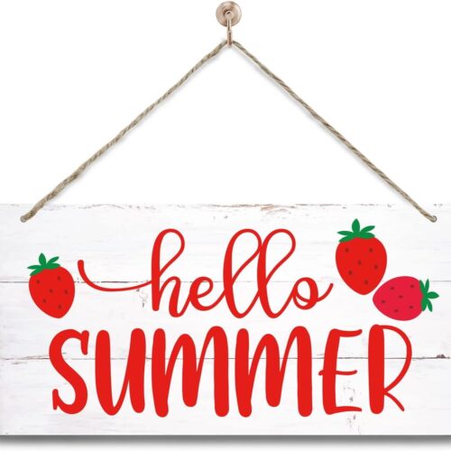 Hello Summer Strawberry Wood Wall Sign, Hanging Wood Sign Home Décor, Wooden Hanging Door Sign, Wall Art Decor, Farmhouse Wall Decoration, Front Door Decor, Summer Home Decor Indoor Outdoor