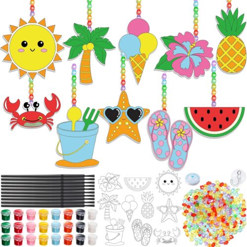 30 Set Summer Window Art Suncatchers Kits Summer Beach Fruit DIY Suncatchers Craft Kits Make Your Own Paint Ornaments for Boys Girls Craft Painting Art Activity