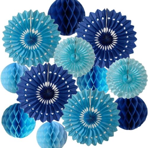 12pcs 6’’ 8’’ Honeycomb Balls Tissue Paper Fans Party Honeycomb Ball Fans Wall Decorations Tissue Pom Poms Flower Balls Hanging Paper Fans for Party Baby Shower Birthday Wedding Nursery(Blue kit)