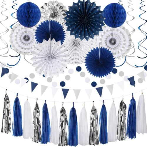 Navy-Blue White-Silver Graduation Party-Decorations - 33pcs Kits Banner, Streamers Tassel Garland,Tissue Pom Poms Honeycomb, Paper Lantern Fans,Wedding Birthday Baby Shower Backdrop Decor