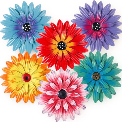 6 Pcs Metal Flower Wall Art Decor 8 Inch Sunflower Wall Decorations Hanging Outdoor Art Multicolored Handmade Metal Flowers Outdoor Decor(Cute Color)