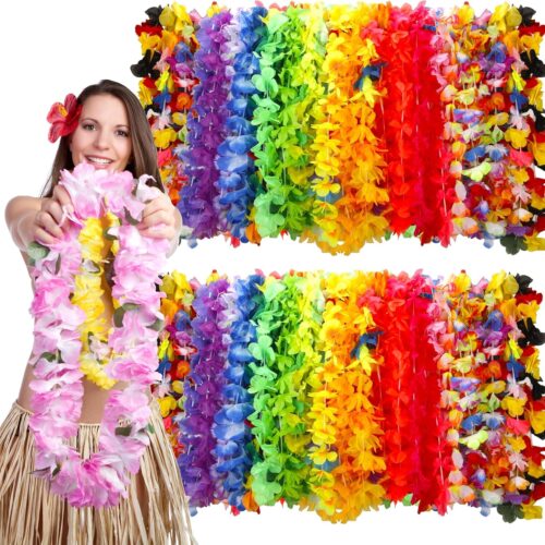 100 Count Hawaiian Lei Bulk, Tropical Luau Hawaii Theme Silk Flower Necklace, Party Favors for Beach Holiday Wedding Birthday Party, Aloha Summer Party Decorations