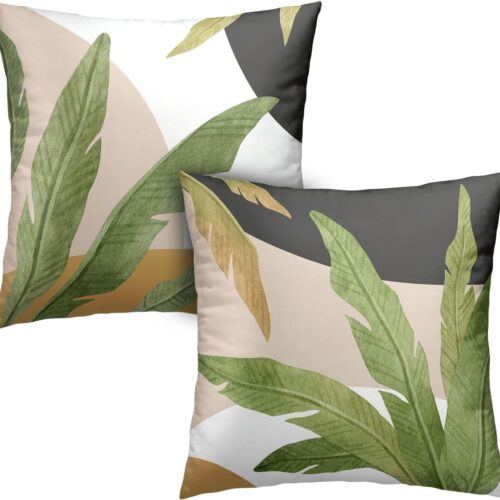 Green Leaves Spring Summer Throw Pillow Covers Geometric Palm Tree Pillow Covers 18x18 Set of 2 Modern Home Decor Room Tropical Outdoor Decorative Pillowcase for Sofa Bed Couch