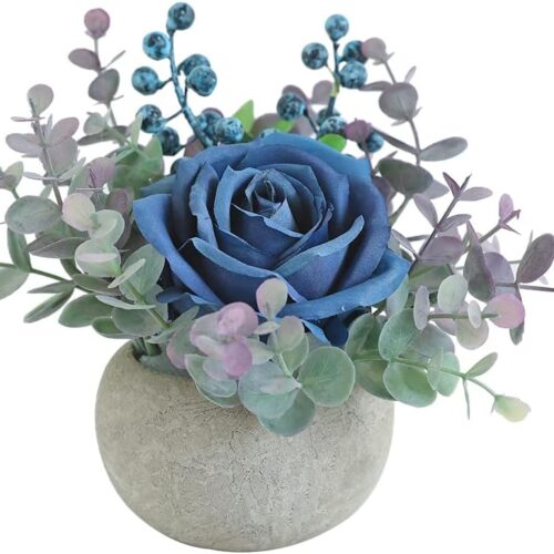 Artificial Flowers Kit with Pot, Combination of Fake Silk Blue Roses and Greenery,Small Plant Potted Decor for Offices,Bookshelf,Bedroom, Living Room,Party,Wedding Decorations