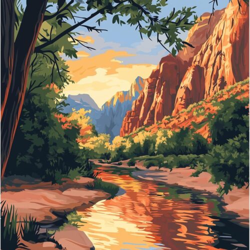 Zion National Park Paint by Number for Beginner, Forest Mountains Scenery Adult Paint by Number Kits, River at Sunset Paint by Number Canvas for Gift Home Wall Decor(16×20inches, Unframe)