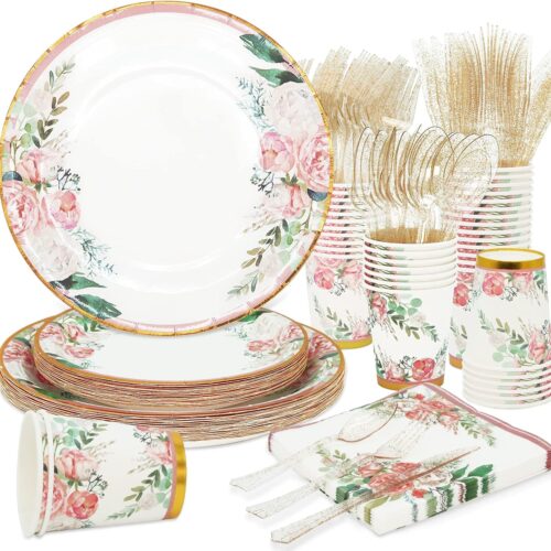 Floral Party Supplies - Bridal Shower Paper Plates & Napkins Set for 24 Guests - Disposable Dinnerware: Plates, Cups, Cutlery for Baby Shower, Tea Party