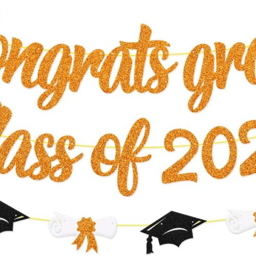Congrats Grad Class of 2025 Banner Graduation Cap Diploma Theme Party Decoration for for High School College University Senior 2025 Celebrate Party Supplies (Orange)