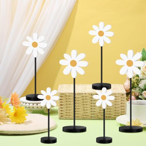 6 Pieces Wooden Daisy Nursery Shelf Decor Boho Daisy Standing Tabletop Decor Wood Tiered Tray Sign Daisy Centerpiece Table Decoration Rustic Block Set for Party Table Decor Farmhouse Home Desk