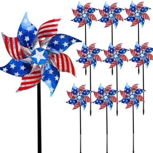 10 Pack Reflective Pinwheels Patriotic Decorations, American Flag on Stick Wind Spinner with Stake for Independence Day, Memorial Day July of 4th Party Supplies, Scare Birds Repellent Devices