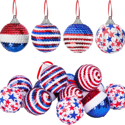 12 Pieces Independence Day Hanging Ball - 2 Inch Memorial Day Sequin Hanging Ball Ornament - 4th of July Red White Blue Tree Decorations for Memorial Day Veterans Patriotic USA Themed Party Supplies