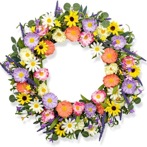 28 Inch Spring Wreaths for Front Door Large Spring Wreath 6 Colors Floral Wreath with Lavender Daisy and Eucalyptus for Indoor Outdoor Holiday Celebration