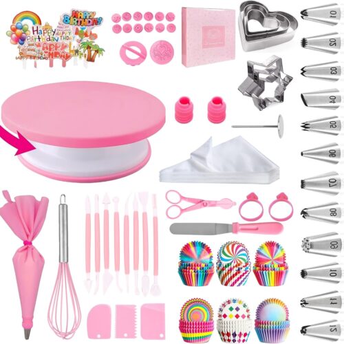Cake Decorating Supplies Kit Tools 255pcs, Cake Decorating Set with Cake Turntable, 12 Numbered Icing Piping Tips, Cookie Cutters, Icing Smoother & Other Accessories for Cake Decoration (255 PCS)