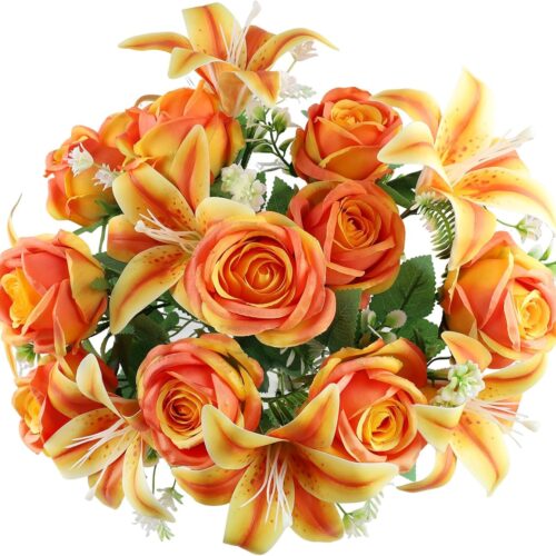 Grave Flowers for Cemetery 2 Bunches Lily & Rose Mixed Cemetery Flowers for Grave-Orangish Yellow Silk Memorial Artificial Flowers for Headstones Gravesite Graveyard Grave Vase Decorations