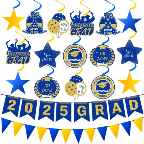 Graduation Decorations 2025 Blue Pre-Assembled Hanging Swirls 2025 GRAD Banner Graduation Party Decorations 2025 for Classroom Home Party