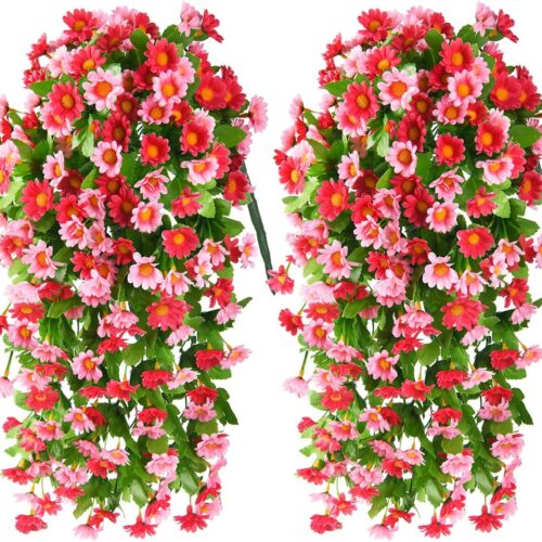 2 Pack Artificial Hanging Flowers, Fake Mums Artificial Flowers for Decoration, Fake Hanging Plants Daisy Faux Silk Flower Bouquet for Wall Home Garden Wedding Outdoor Spring Decor(Deep Pink)