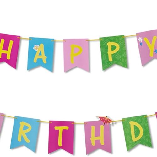Tropical Happy Birthday Banner Colorful Hawaiian Luau Birthday Banner Flamingo Pineapple Palm Leaf Banner for Summer Birthday Party Decorations Supplies | Pre-Strung