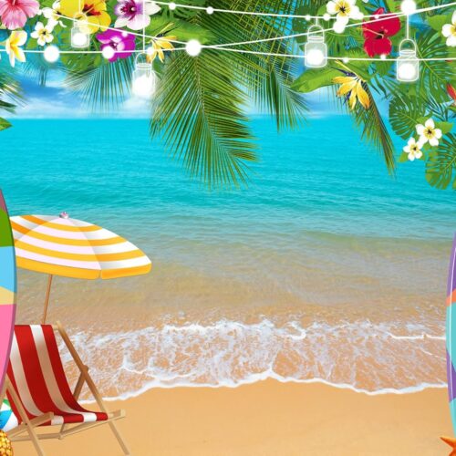 7x5ft Summer Hawaiian Beach Backdrop for Photography Tropical Flower Aloha Backdrop Blue Sky Ocean Palm Leaves Background Birthday Party Decor Baby Shower Photoshoot Prop 182